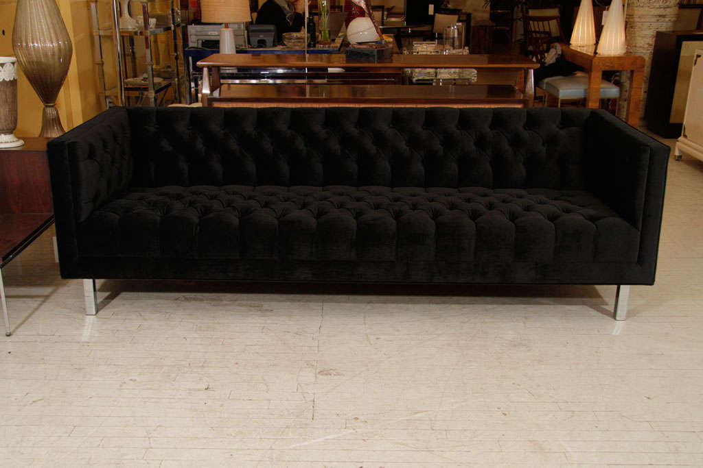 Gorgeous tufted velvet tuxedo sofa on chrome legs. Las Venus custom, Signature collection, Ludlow sofa. Shown in poly or cotton commercial grade velvet. Hard wood frame, attached seating and back cushion, hand tied springs and strapping, available